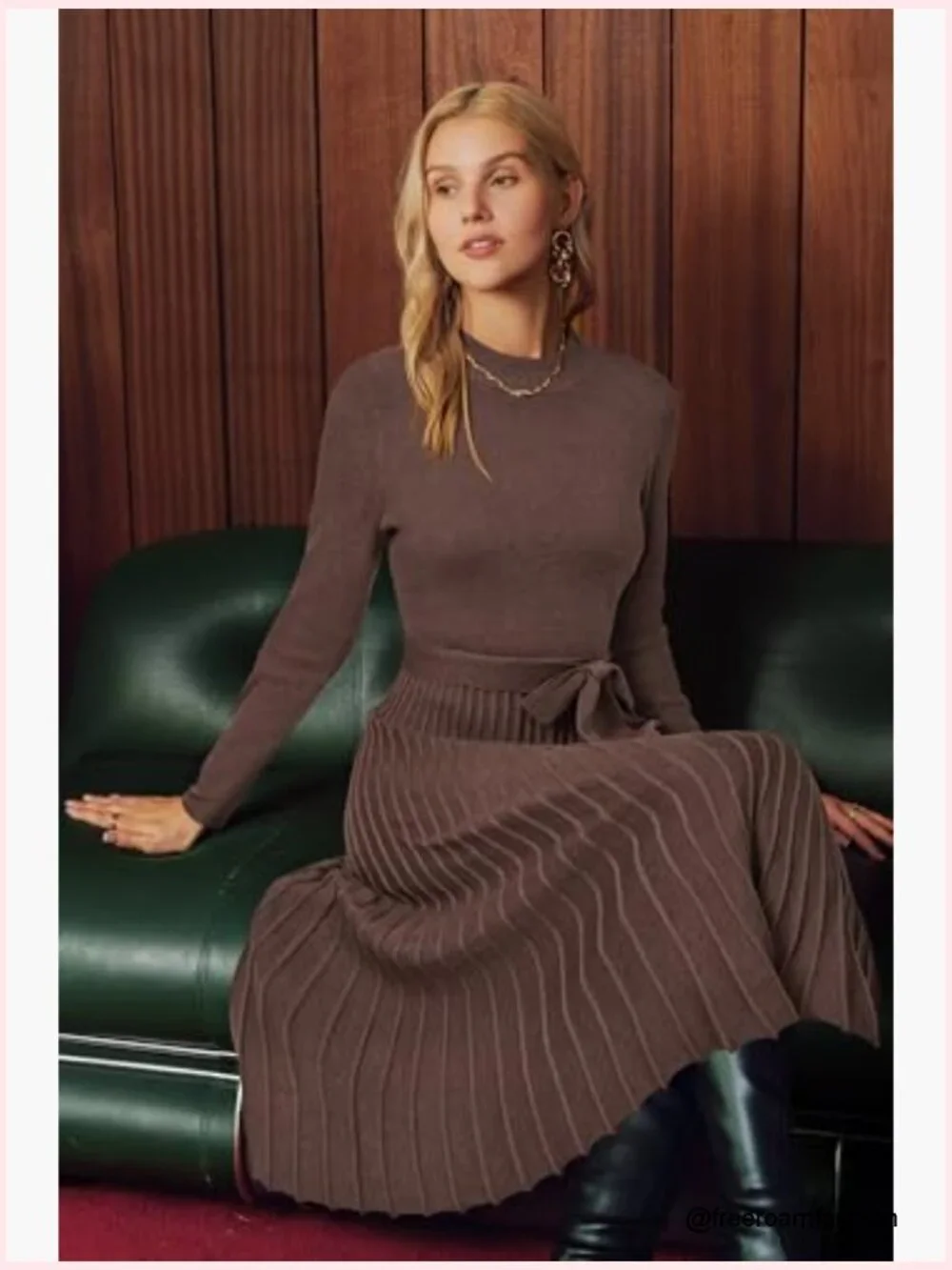 Wool Blend Mock Neck Tie Waist Pleated Sweater Dress - Picture 5 of 7